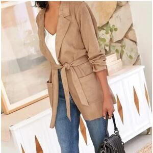 Level 99 Evereve Wrap Jacket Blazer Faux Suede Open Front Belt Camel XS
